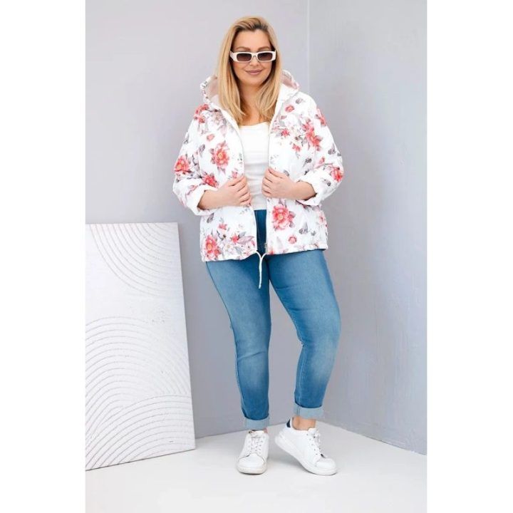 Moteriška Plus Size pikota pavasarinė striukė su gobtuvu, baltos spalvos