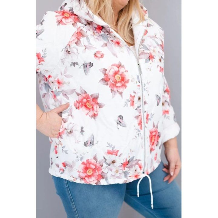 Moteriška Plus Size pikota pavasarinė striukė su gobtuvu, baltos spalvos