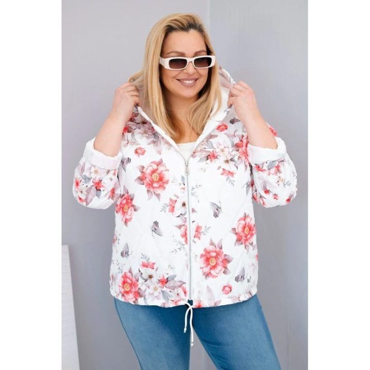 Moteriška Plus Size pikota pavasarinė striukė su gobtuvu, baltos spalvos
