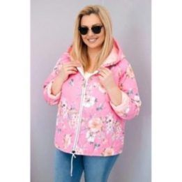 Moteriška Plus Size pavasarinė pikota striukė su gobtuvu ir gėlių raštu, šviesiai rožinė