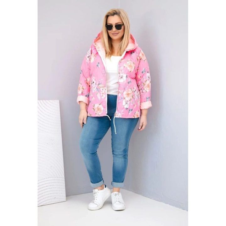 Moteriška Plus Size pavasarinė pikota striukė su gobtuvu ir gėlių raštu, šviesiai rožinė