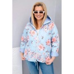 Moteriška Plus Size pavasarinė pikota striukė su gobtuvu ir gėlių raštu, mėlynos spalvos