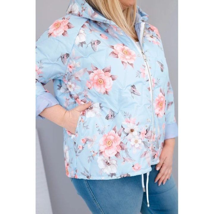 Moteriška Plus Size pavasarinė pikota striukė su gobtuvu ir gėlių raštu, mėlynos spalvos