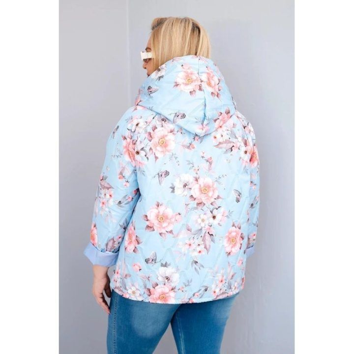 Moteriška Plus Size pavasarinė pikota striukė su gobtuvu ir gėlių raštu, mėlynos spalvos