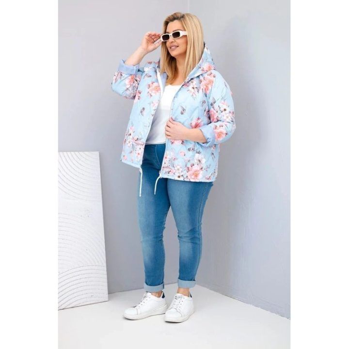 Moteriška Plus Size pavasarinė pikota striukė su gobtuvu ir gėlių raštu, mėlynos spalvos