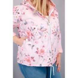 Moteriška Plus Size pavasarinė pikota striukė su gobtuvu ir gėlių raštu, pudrinės rožinės spalvos