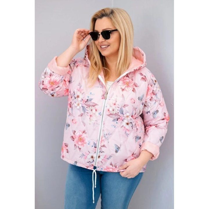 Moteriška Plus Size pavasarinė pikota striukė su gobtuvu ir gėlių raštu, pudrinės rožinės spalvos