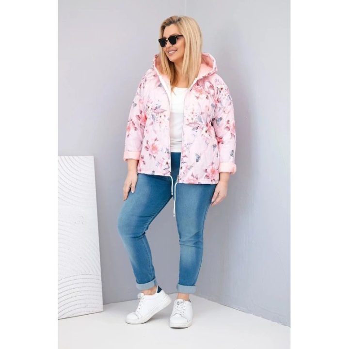 Moteriška Plus Size pavasarinė pikota striukė su gobtuvu ir gėlių raštu, pudrinės rožinės spalvos