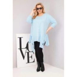 Moteriška Plus Size palaidinė su asimetriniu apačios kirpimu ir iškirpimais, mėlynos spalvos