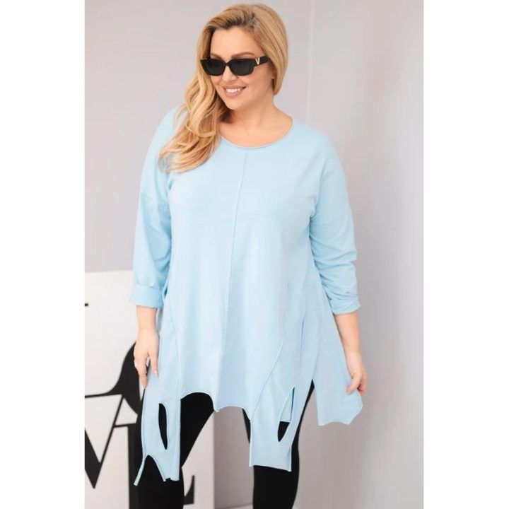 Moteriška Plus Size palaidinė su asimetriniu apačios kirpimu ir iškirpimais, mėlynos spalvos