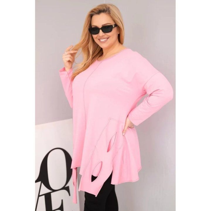 Moteriška Plus Size palaidinė su asimetriniu apačios kraštu ir iškirpimais, rožinė