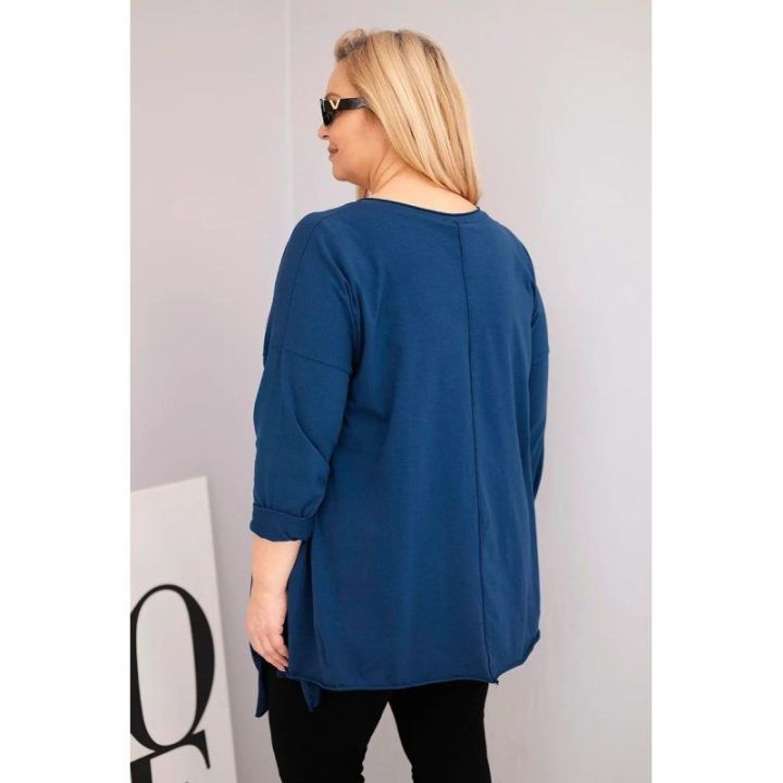 Moteriška Plus Size medvilninė palaidinė su asimetrišku apačios kirpimu ir iškarpomis, tamsiai mėlyna