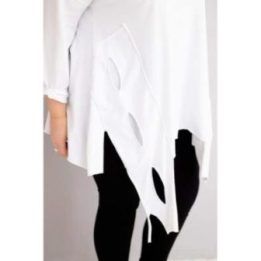 Moteriška Plus Size palaidinė su asimetrišku apačios kirpimu ir iškirpimais, balta