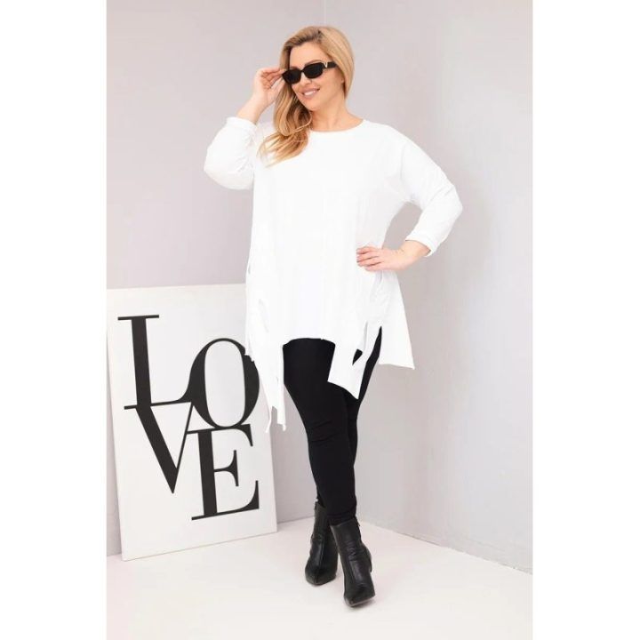 Moteriška Plus Size palaidinė su asimetrišku apačios kirpimu ir iškirpimais, balta
