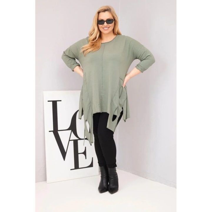 Moteriška Plus Size chaki palaidinė su asimetriniu apačios kraštu ir iškirpimais