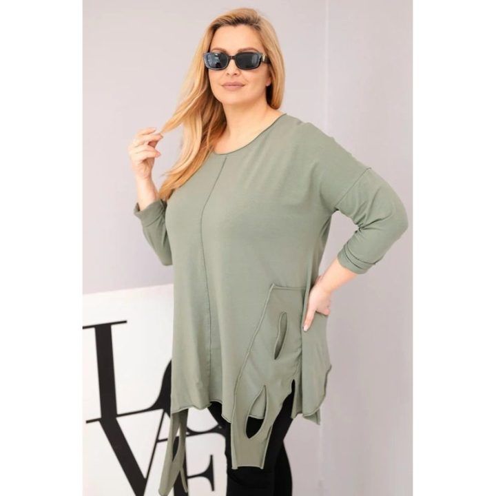 Moteriška Plus Size chaki palaidinė su asimetriniu apačios kraštu ir iškirpimais
