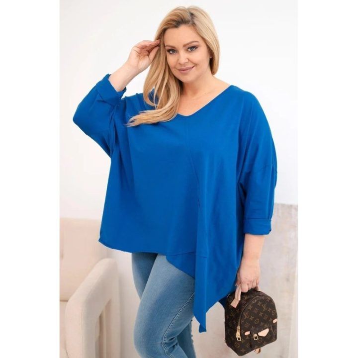 Moteriška Plus Size palaidinė su asimetriniu apačios kraštu ir V formos iškirpte, mėlynos spalvos