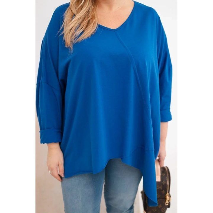 Moteriška Plus Size palaidinė su asimetriniu apačios kraštu ir V formos iškirpte, mėlynos spalvos