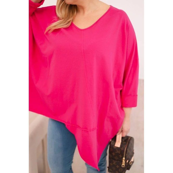 Moteriška Plus Size palaidinė su asimetriniu apačios kraštu ir V formos iškirpte, fuksijos spalvos