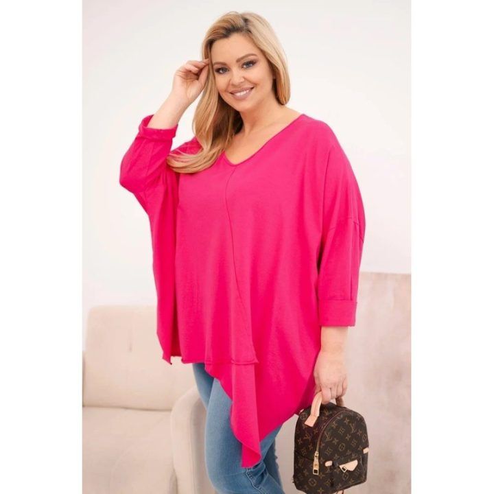 Moteriška Plus Size palaidinė su asimetriniu apačios kraštu ir V formos iškirpte, fuksijos spalvos