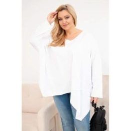 Moteriška Plus Size palaidinė su V formos iškirpte ir asimetriniu apačios kraštu, balta
