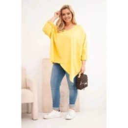 Moteriška Plus Size geltona palaidinė su asimetrišku apačios kraštu ir V formos iškirpte