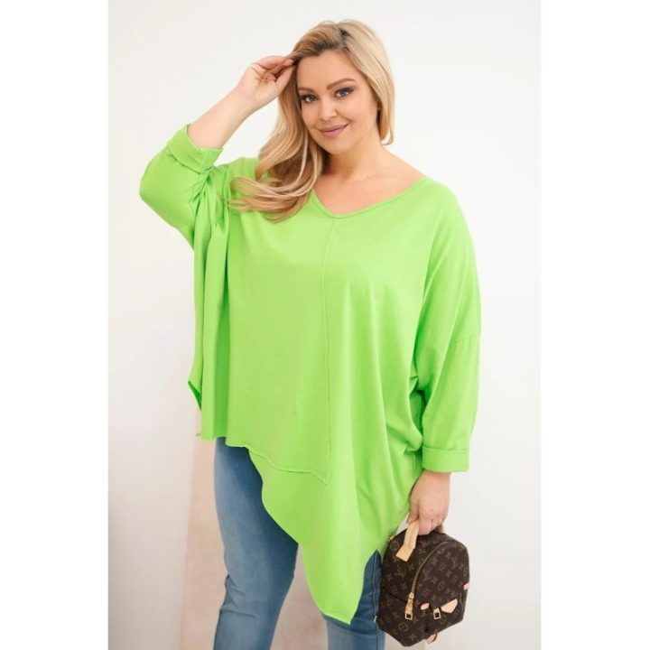 Moteriška Plus Size palaidinė su asimetriniu apačios kirpimu ir V formos iškirpte, šviesiai žalios spalvos