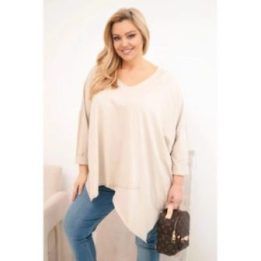 Moteriška Plus Size smėlio spalvos palaidinė su asimetriniu apačios kraštu ir V formos iškirpte