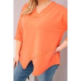Moteriška Plus Size palaidinė su gilia V formos iškirpte ir asimetriniu apačios kraštu, persikų spalvos