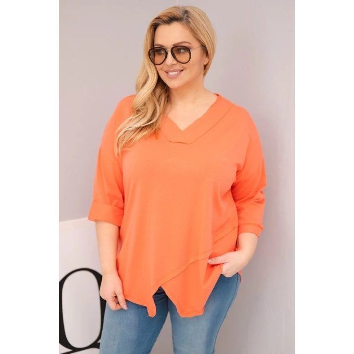 Moteriška Plus Size palaidinė su gilia V formos iškirpte ir asimetriniu apačios kraštu, persikų spalvos