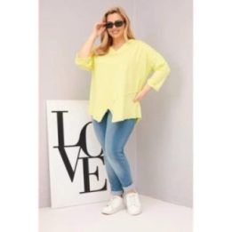 Moteriška Plus Size palaidinė su V formos iškirpte, asimetrine apačia, neoninės geltonos spalvos