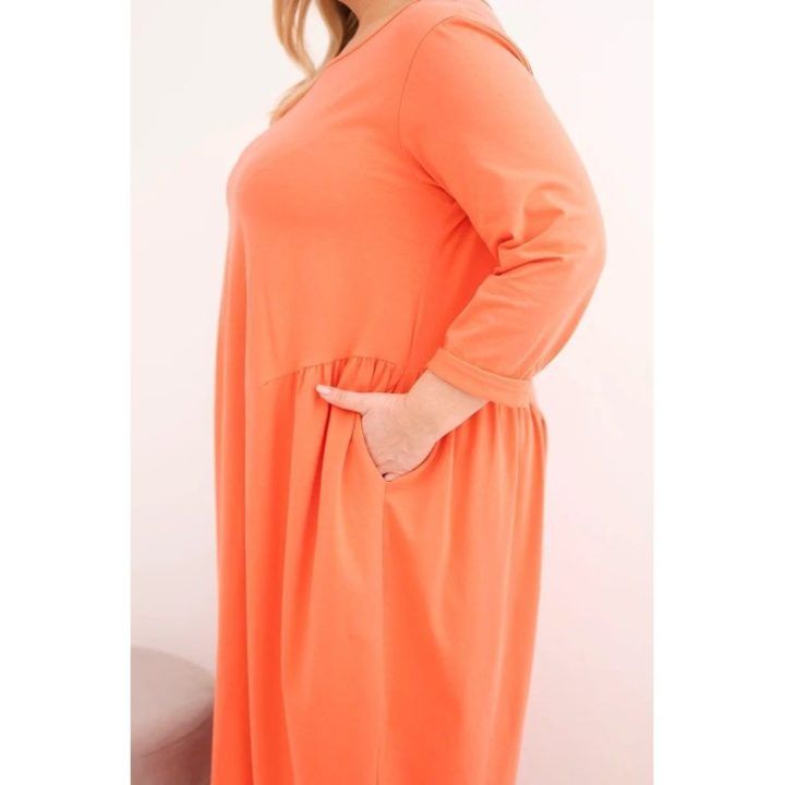 Moteriška Plus Size medvilninė suknelė su ilgomis rankovėmis, abrikosų spalvos