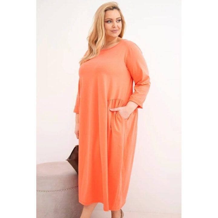 Moteriška Plus Size medvilninė suknelė su ilgomis rankovėmis, abrikosų spalvos