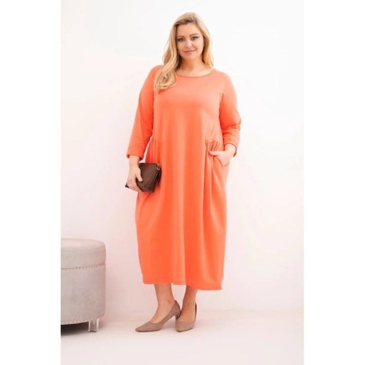 Moteriška Plus Size medvilninė suknelė su ilgomis rankovėmis, abrikosų spalvos