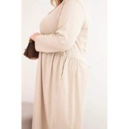 Moteriška Plus Size medvilninė suknelė ilgomis rankovėmis, smėlio spalvos