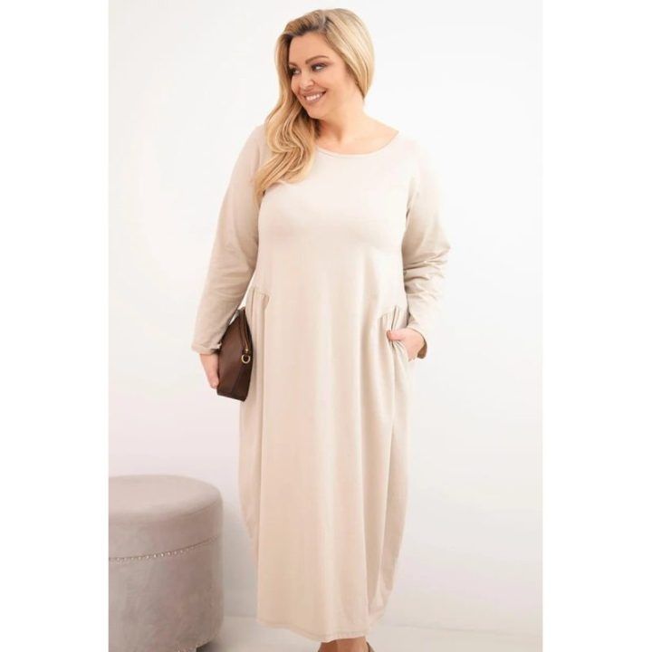 Moteriška Plus Size medvilninė suknelė ilgomis rankovėmis, smėlio spalvos