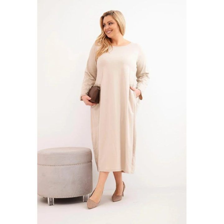 Moteriška Plus Size medvilninė suknelė ilgomis rankovėmis, smėlio spalvos
