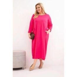 Moteriška Plus Size suknelė su ilgomis rankovėmis, fuksijos spalvos