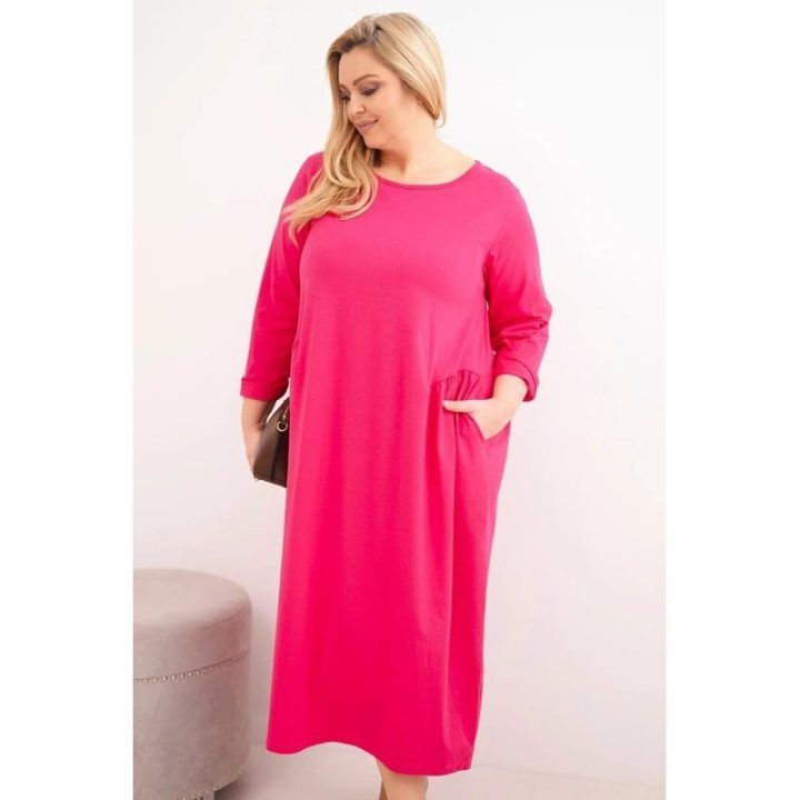 Moteriška Plus Size suknelė su ilgomis rankovėmis, fuksijos spalvos