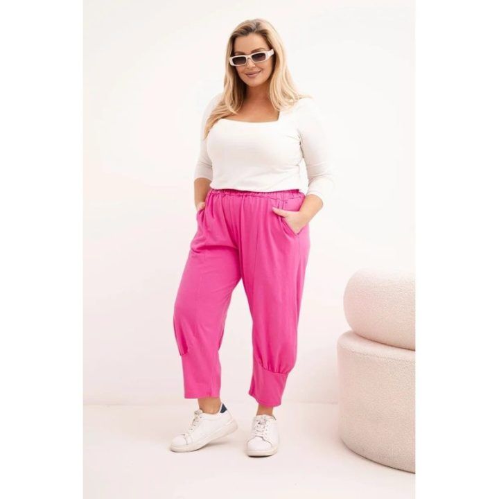 Moteriškos Plus Size kelnės žemu liemeniu su elastine juosmens juosta, rožinės spalvos