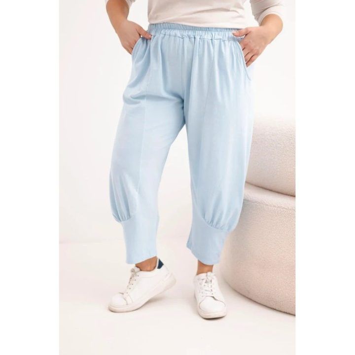 Moteriškos Plus Size kelnės su nuleistu tarpkoju, mėlynos spalvos
