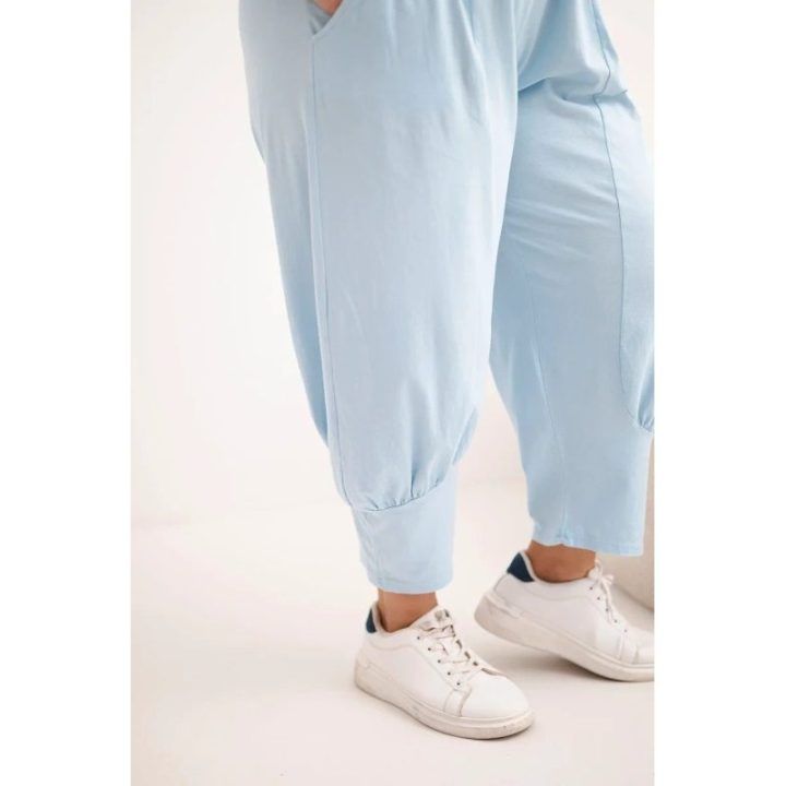 Moteriškos Plus Size kelnės su nuleistu tarpkoju, mėlynos spalvos