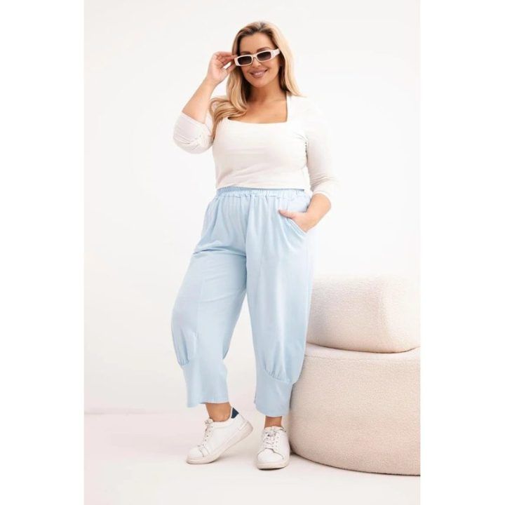 Moteriškos Plus Size kelnės su nuleistu tarpkoju, mėlynos spalvos
