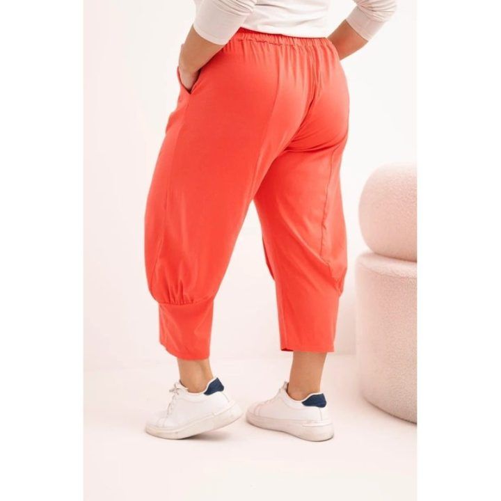 Moteriškos Plus Size kelnės su pažemintu tarpkoju ir elastiniu juosmeniu, koralinės spalvos