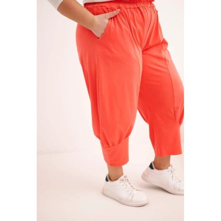 Moteriškos Plus Size kelnės su pažemintu tarpkoju ir elastiniu juosmeniu, koralinės spalvos