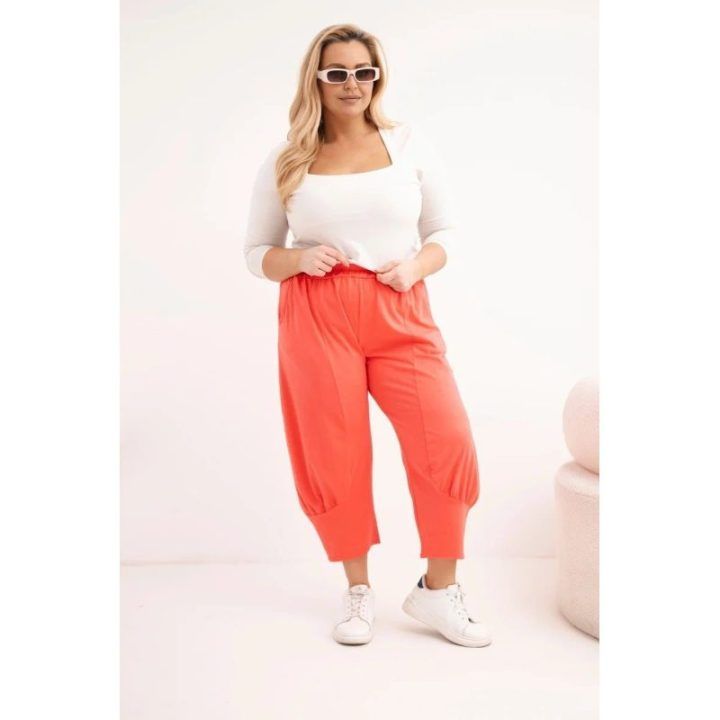 Moteriškos Plus Size kelnės su pažemintu tarpkoju ir elastiniu juosmeniu, koralinės spalvos