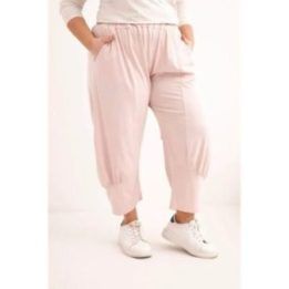 Moteriškos Plus Size kelnės su žemu liemeniu ir elastine juosmens guma, pudrinės rožinės spalvos