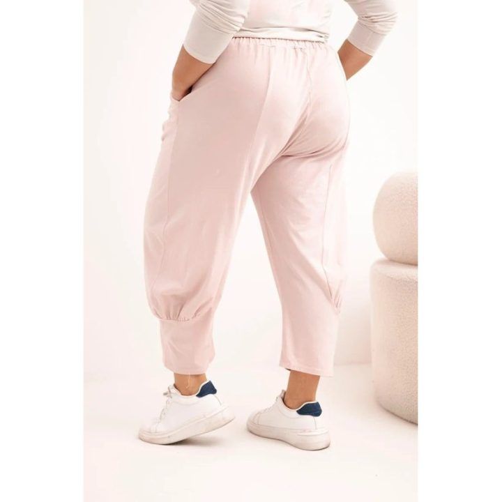 Moteriškos Plus Size kelnės su žemu liemeniu ir elastine juosmens guma, pudrinės rožinės spalvos