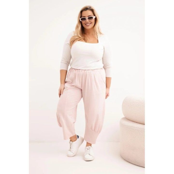 Moteriškos Plus Size kelnės su žemu liemeniu ir elastine juosmens guma, pudrinės rožinės spalvos