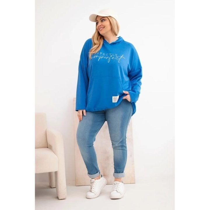 Moteriškas Plus Size džemperis su gobtuvu ir spauda, mėlynos spalvos